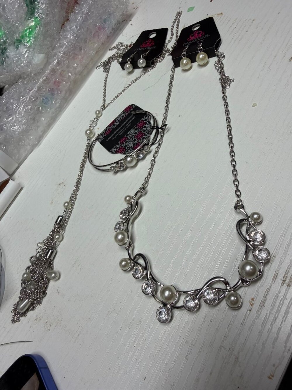 Paparazzi Pearl Look Silver Tone Bundle 2 Necklace Sets Halo Earrings Cuff